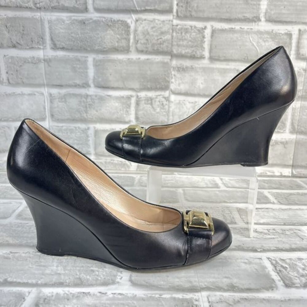 Guess Women's Size 8 Classic Black Leather Wedge with Gold Embellishment Detail